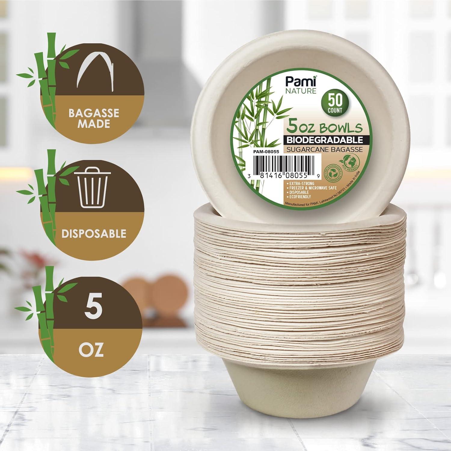 image:imagePAMI 100 Biodegradable Sugarcane Bowls Pack of 50 12 oz Natural Compostable Soup Bowls PlanetFriendly Bagasse Bowls For Hot amp Cold Uses HeavyDuty Disposable Microwavable Paper Serving Bowls5 oz