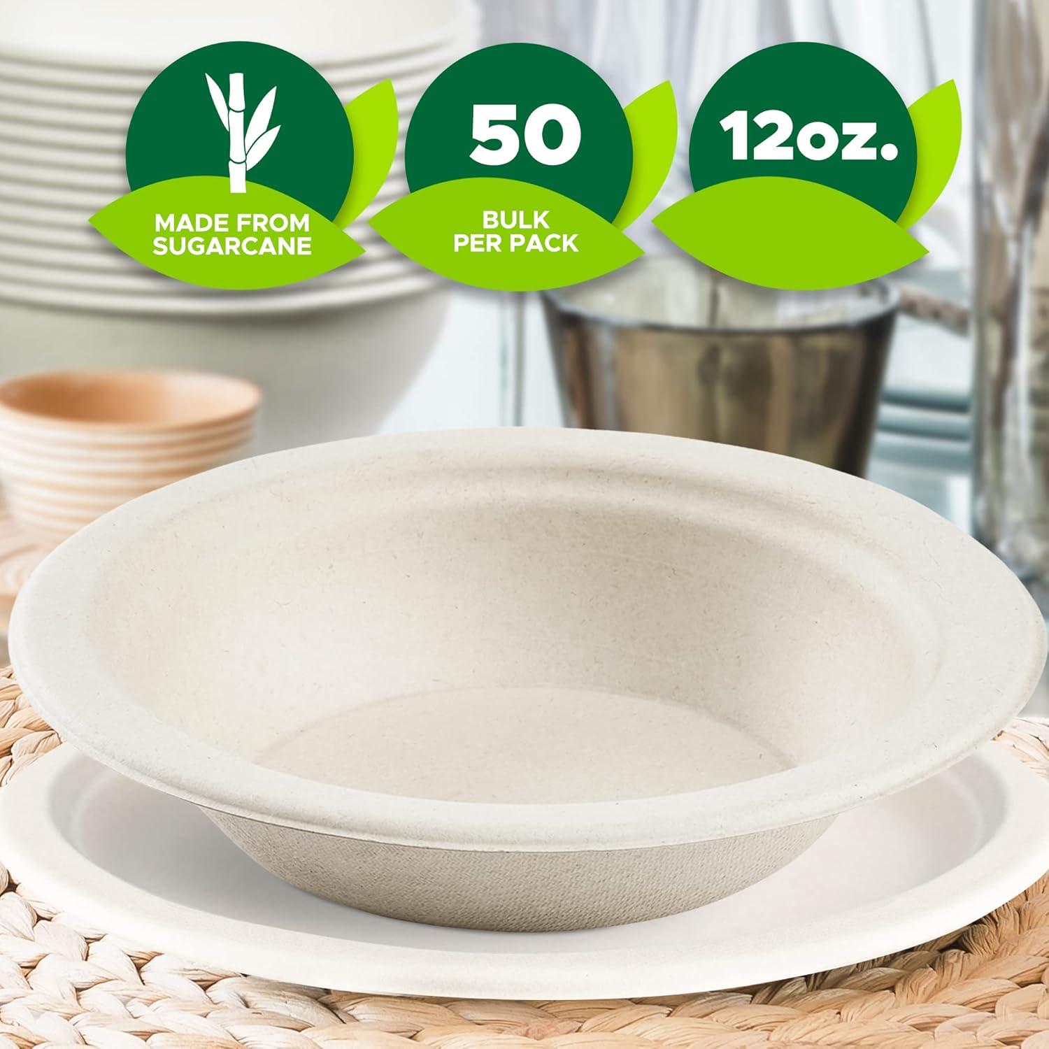 image:imagePAMI 100 Biodegradable Sugarcane Bowls Pack of 50 12 oz Natural Compostable Soup Bowls PlanetFriendly Bagasse Bowls For Hot amp Cold Uses HeavyDuty Disposable Microwavable Paper Serving Bowls12 oz