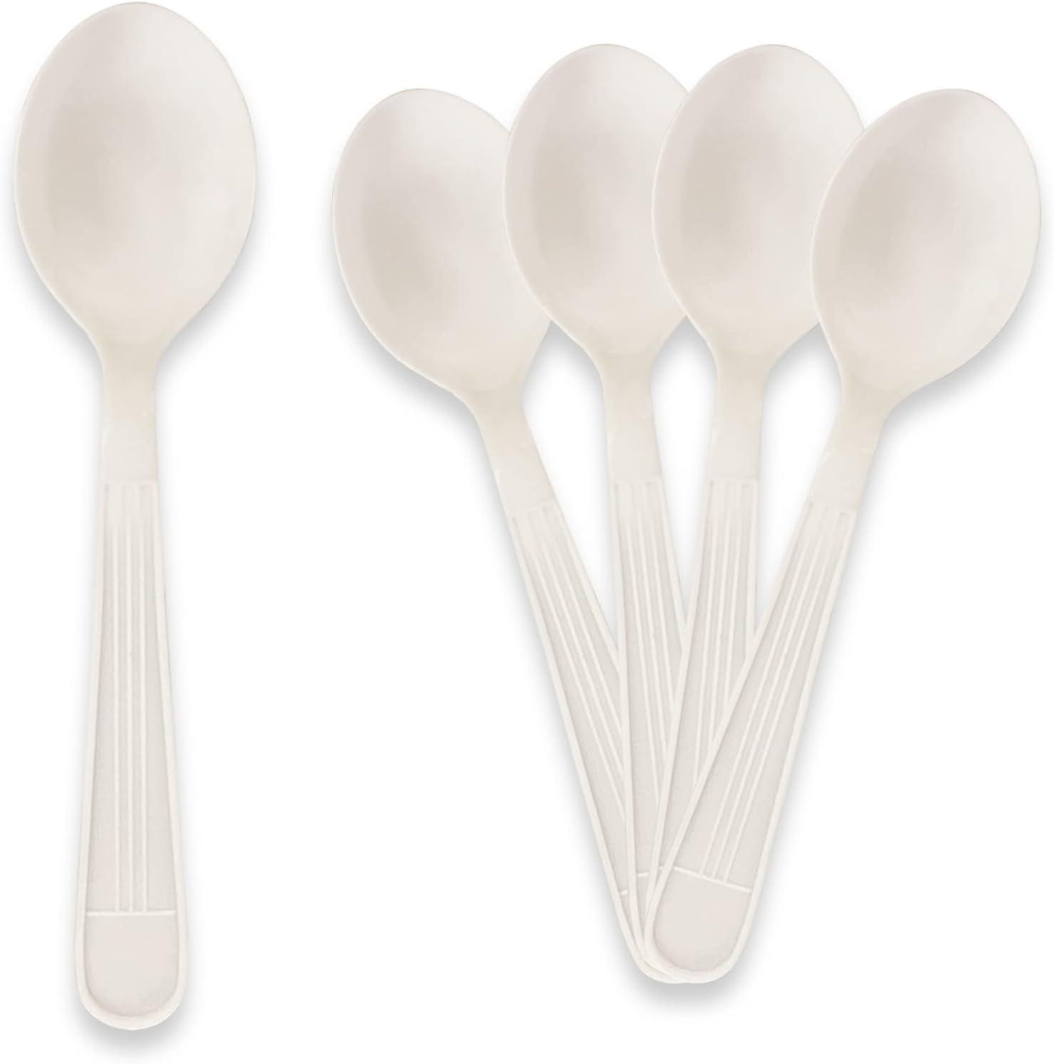 image:imagePAMI 1000Pack Durable Heavy Weight Disposable Plastic Cutlery for Parties Weddings Catering Knives Regular WhiteSoup Spoons