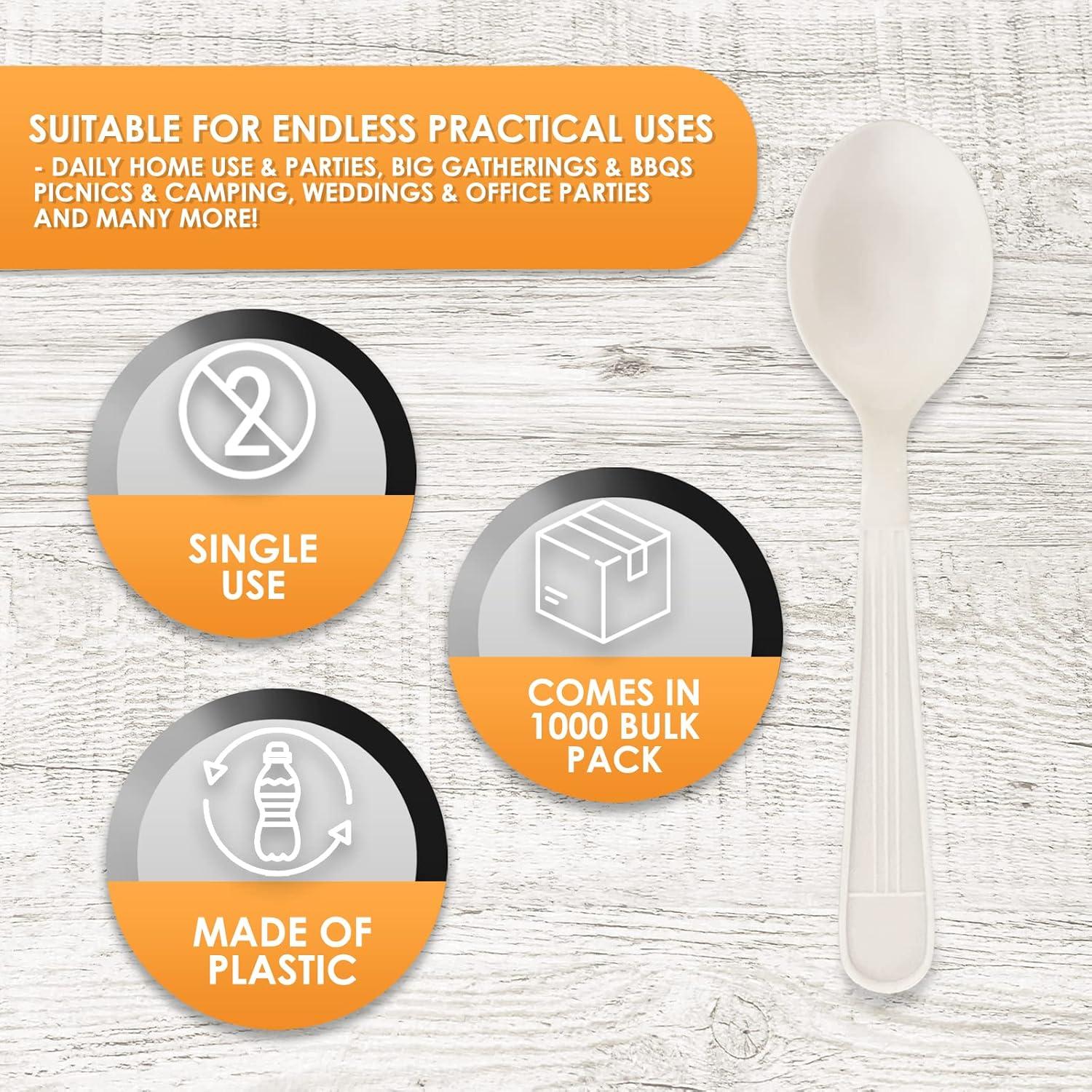 image:imagePAMI 1000Pack Durable Heavy Weight Disposable Plastic Cutlery for Parties Weddings Catering Knives Regular WhiteSoup Spoons