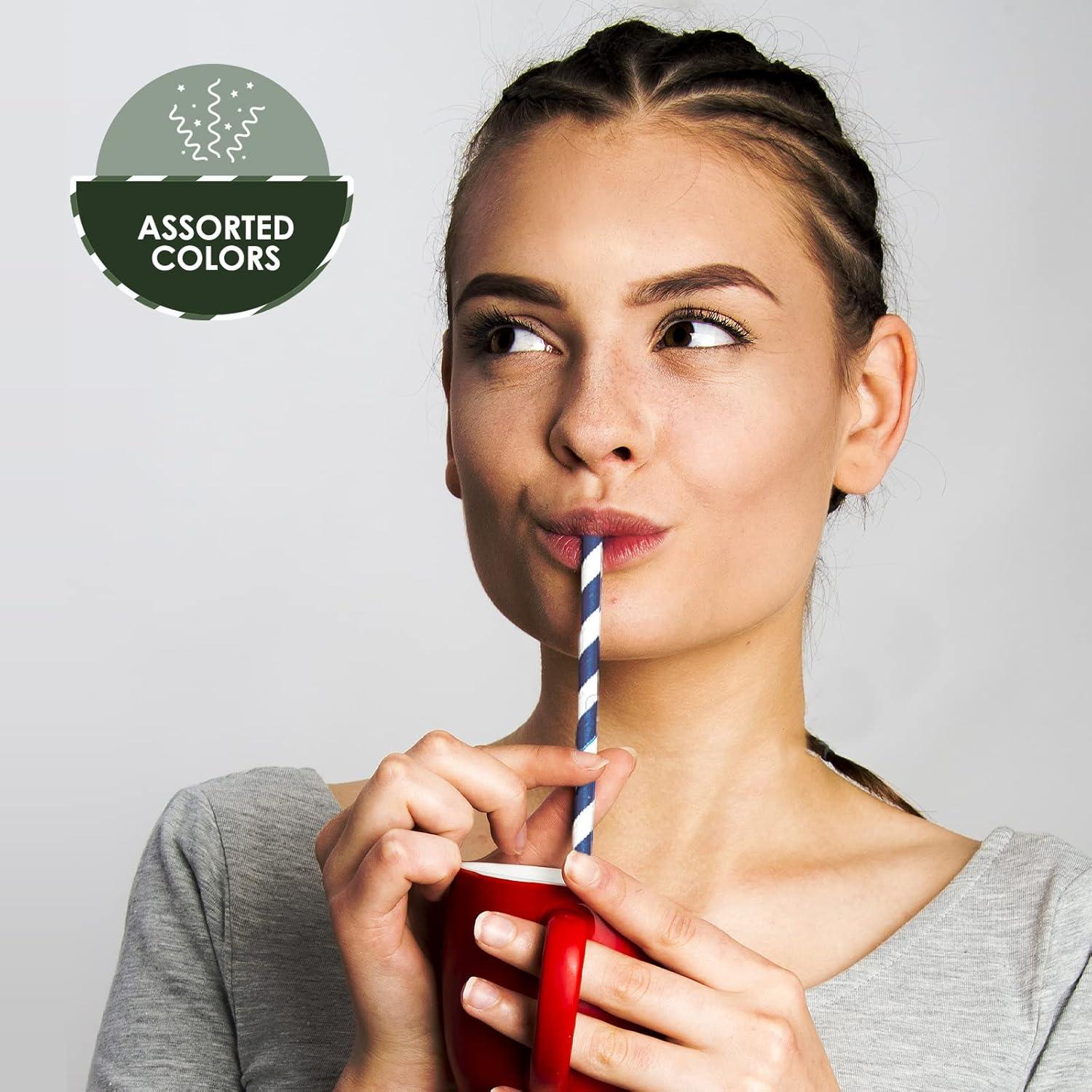 image:imagePAMI 250Pack Compostable Paper Straws for Drinking Assorted Colors Including Pink Pfas Biodegradable Sturdy for Coffee Juice Cocktails Parties