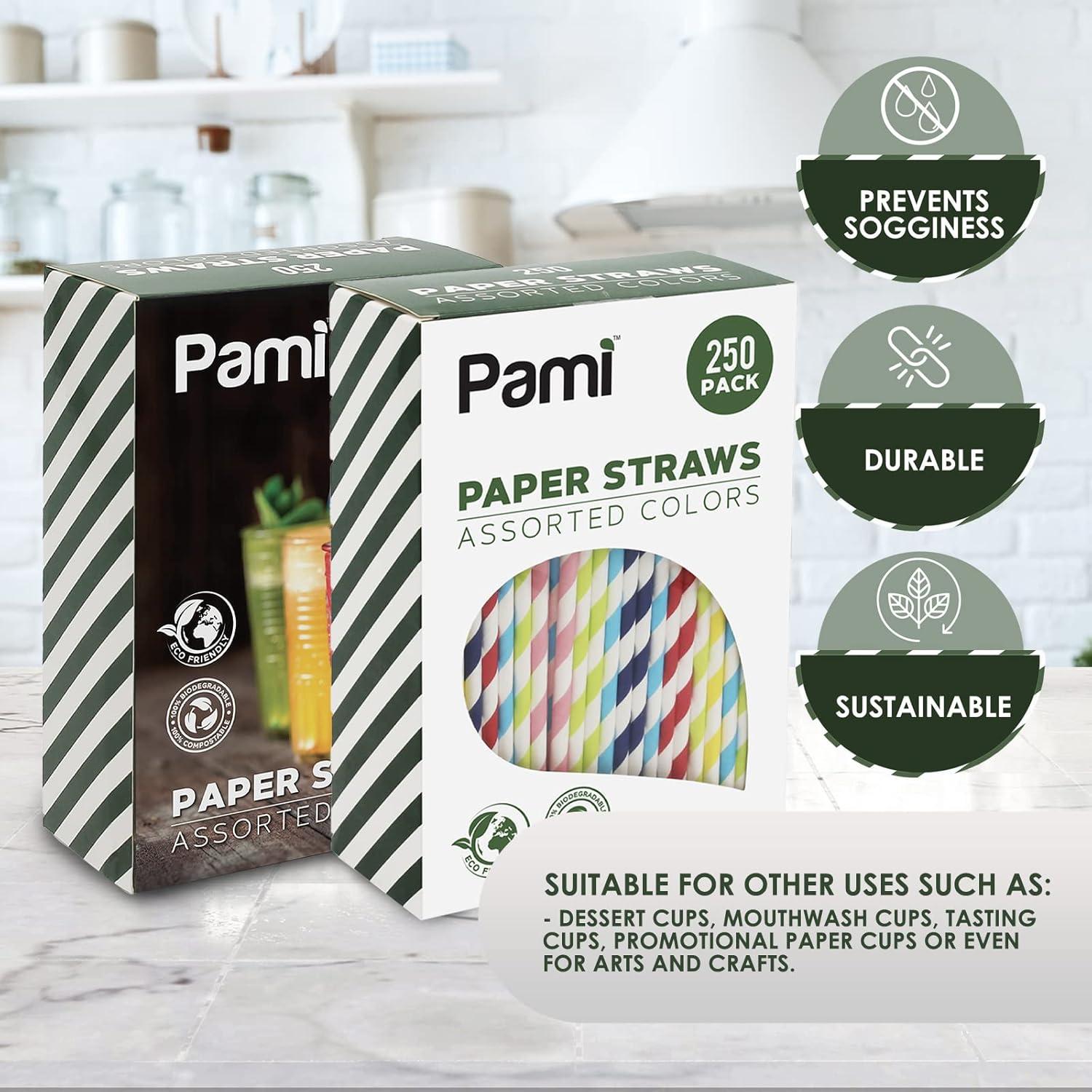 image:imagePAMI 250Pack Compostable Paper Straws for Drinking Assorted Colors Including Pink Pfas Biodegradable Sturdy for Coffee Juice Cocktails Parties