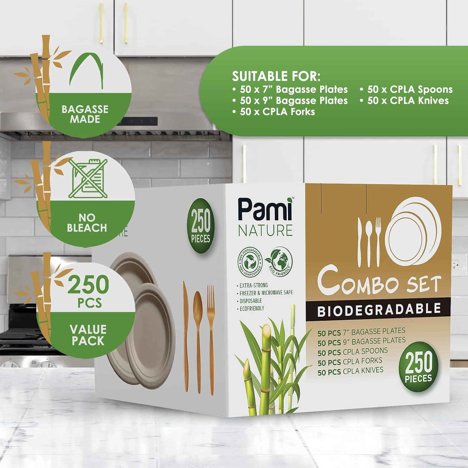 image:imagePAMI 250Piece Compostable Degradable Tableware Eco Set Disposable Sugarcane Plates Cutlery amp Plates HeavyDuty Eco Dinnerware