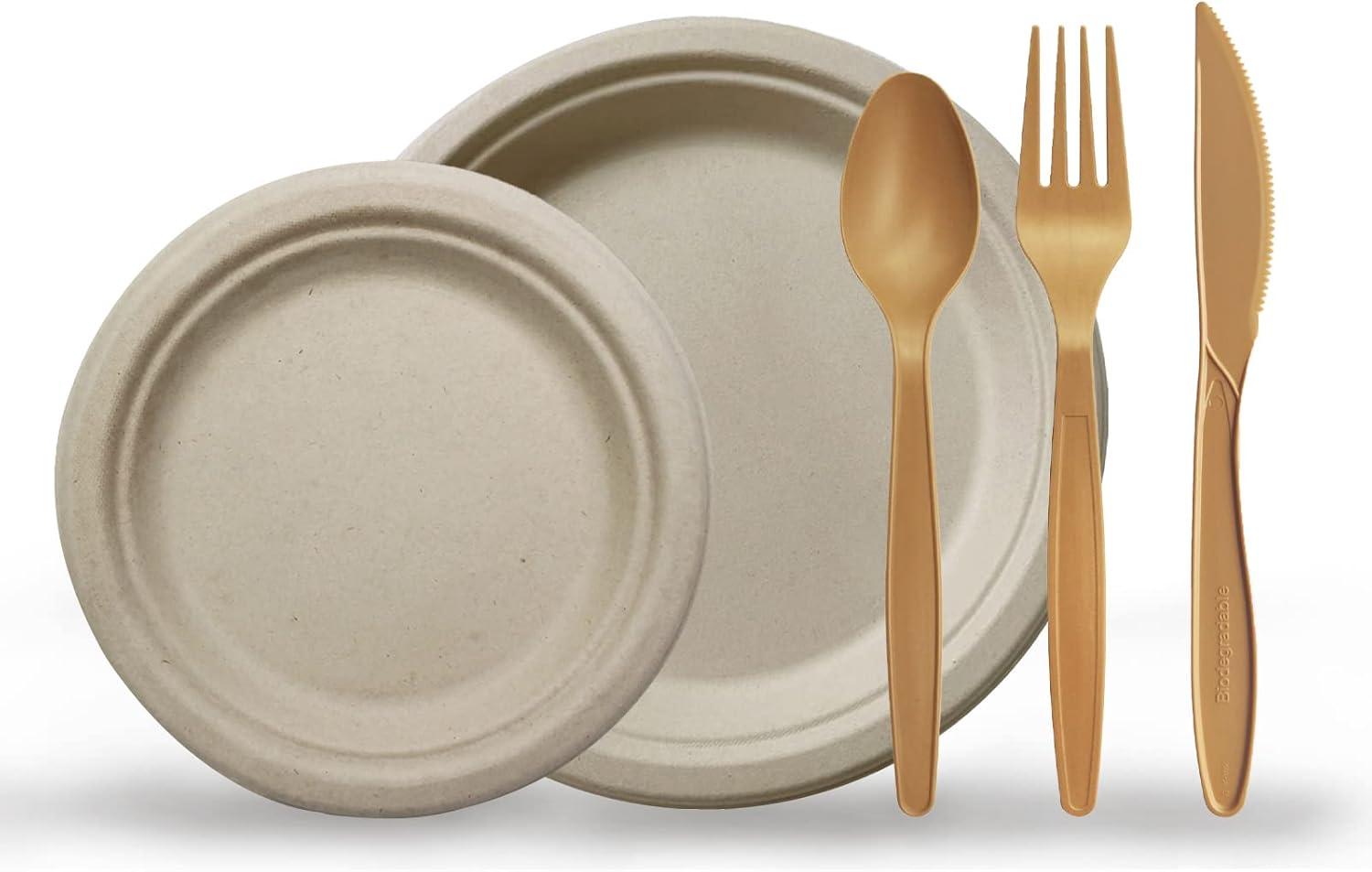 image:imagePAMI 250Piece Compostable Degradable Tableware Eco Set Disposable Sugarcane Plates Cutlery amp Plates HeavyDuty Eco Dinnerware