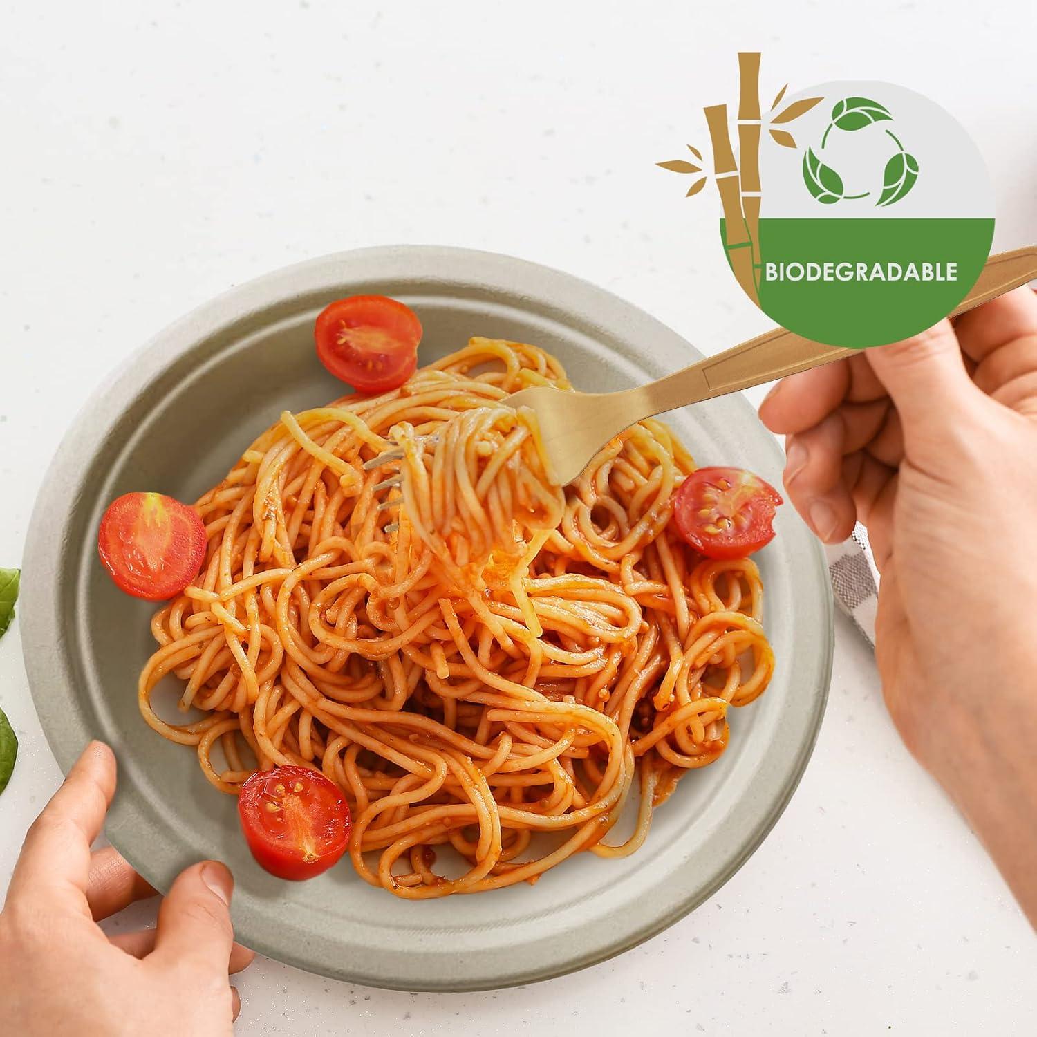 image:imagePAMI 250Piece Compostable Degradable Tableware Eco Set Disposable Sugarcane Plates Cutlery amp Plates HeavyDuty Eco Dinnerware