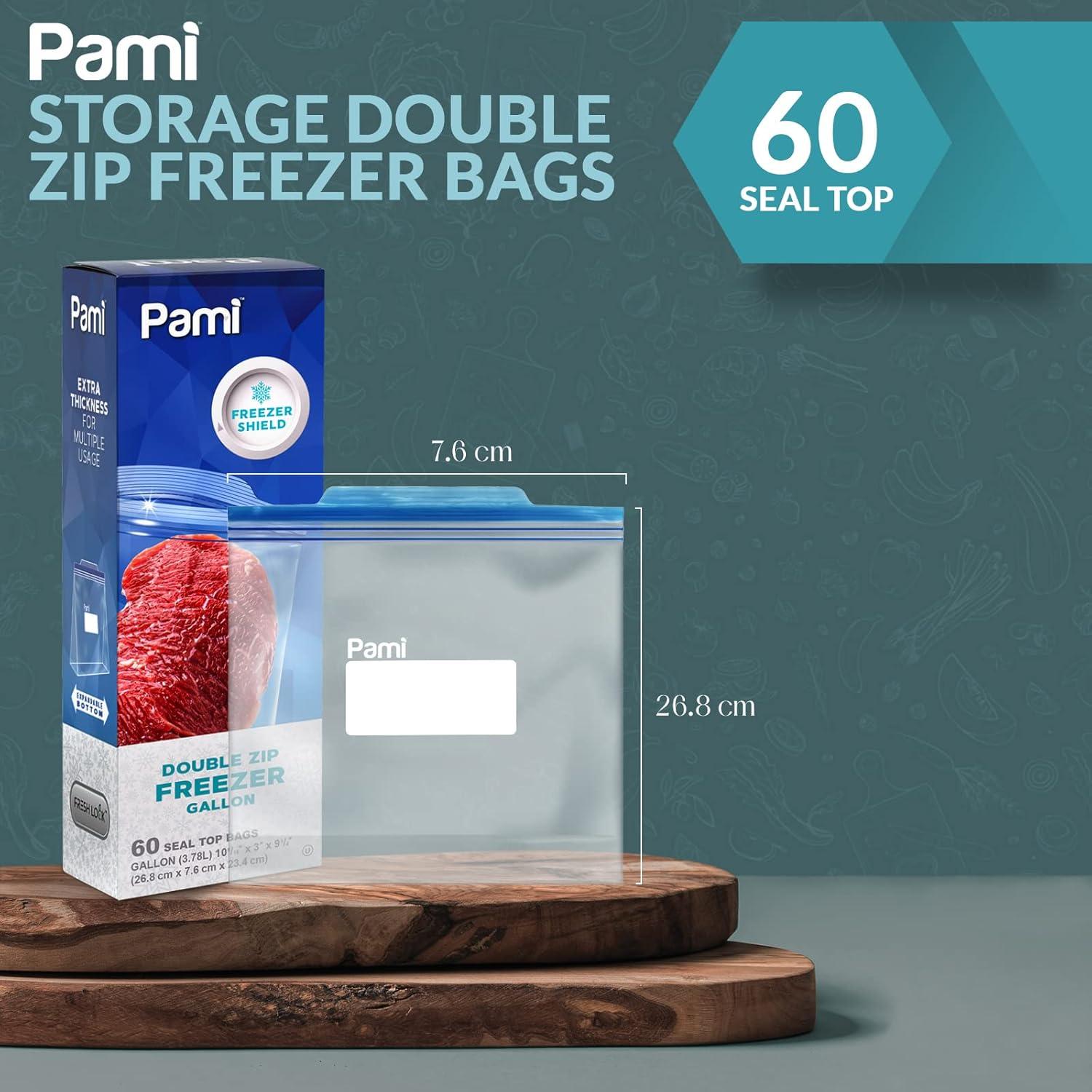 image:imagePAMI 60 Ct Reusable Leakproof Gallon Slider Freezer Bags with Expandable Bottom Double Zipper Closure Write on Label