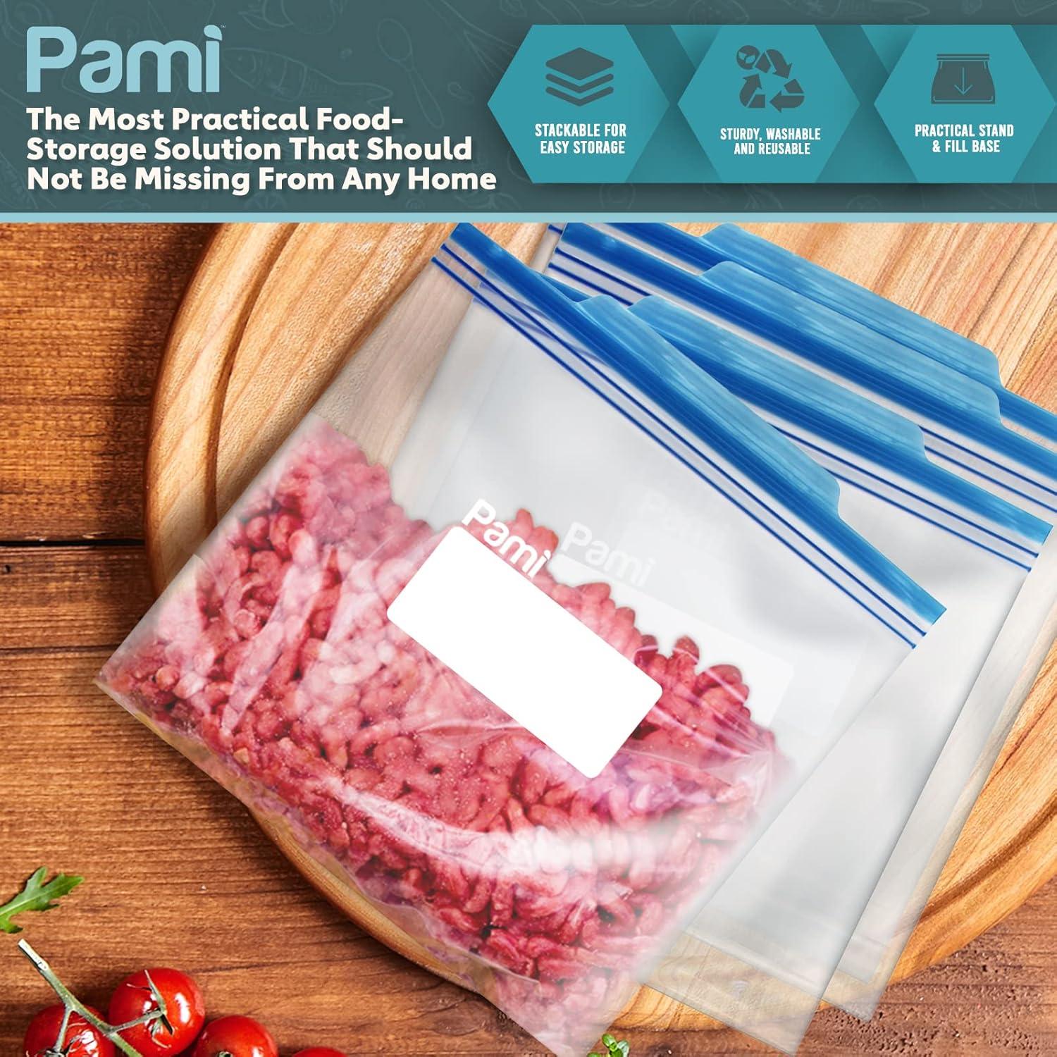 image:imagePAMI 60 Ct Reusable Leakproof Gallon Slider Freezer Bags with Expandable Bottom Double Zipper Closure Write on Label