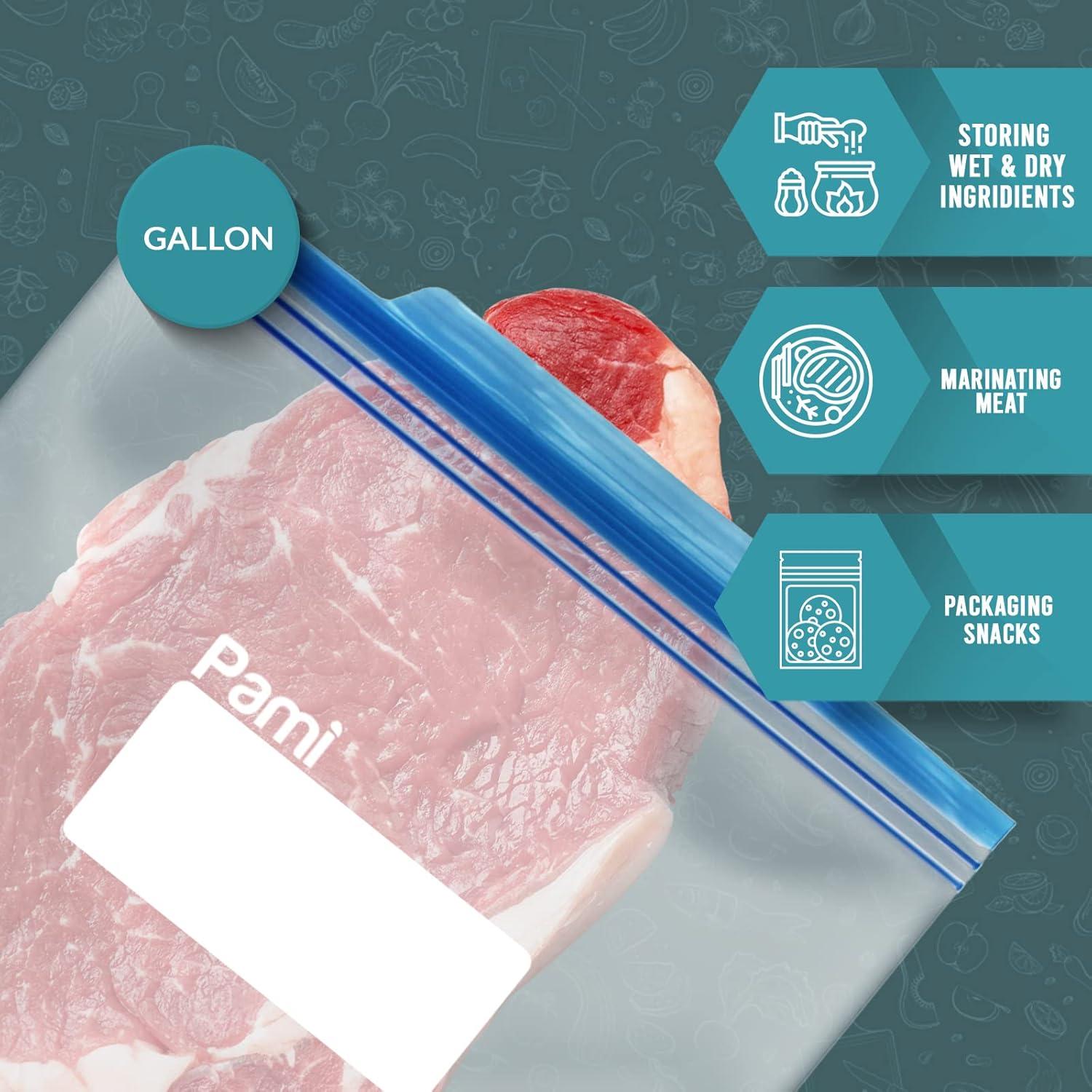 image:imagePAMI 60 Ct Reusable Leakproof Gallon Slider Freezer Bags with Expandable Bottom Double Zipper Closure Write on Label