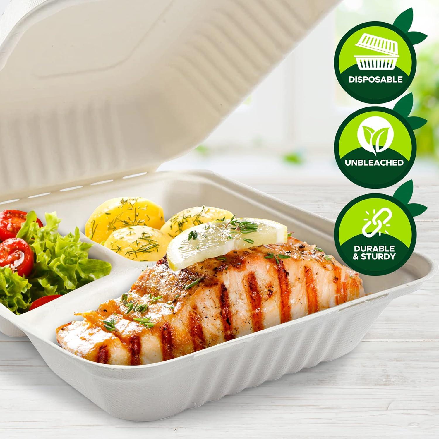 image:imagePAMI Biodegradable to Go Food Containers 8x8 in 50 Pack Compostable Microwavable Clamshell Boxes Made from EcoFriendly Sugarcane