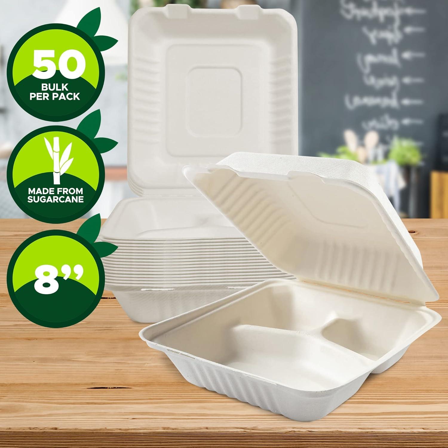 image:imagePAMI Biodegradable to Go Food Containers 8x8 in 50 Pack Compostable Microwavable Clamshell Boxes Made from EcoFriendly Sugarcane