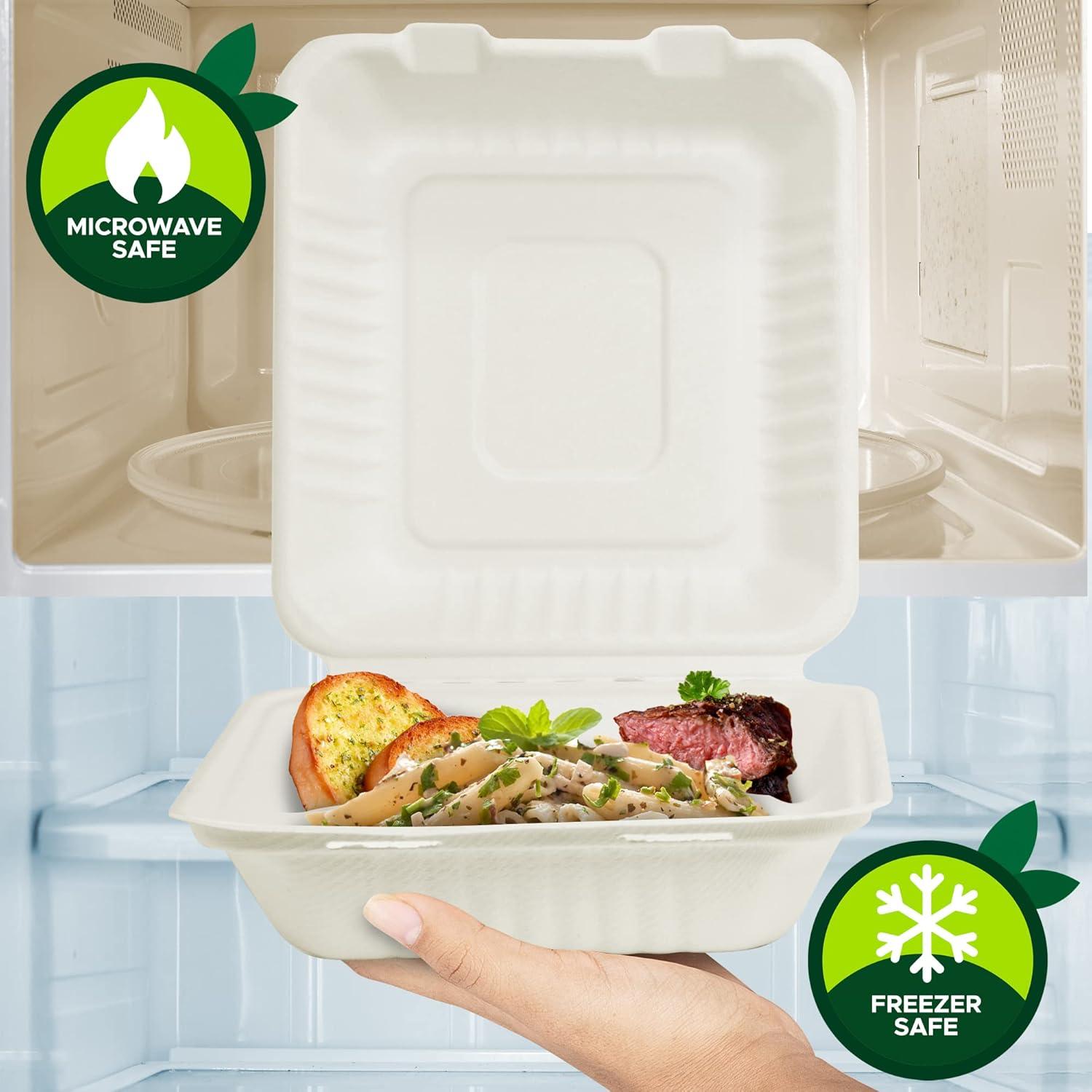 image:imagePAMI Biodegradable to Go Food Containers 8x8 in 50 Pack Compostable Microwavable Clamshell Boxes Made from EcoFriendly Sugarcane