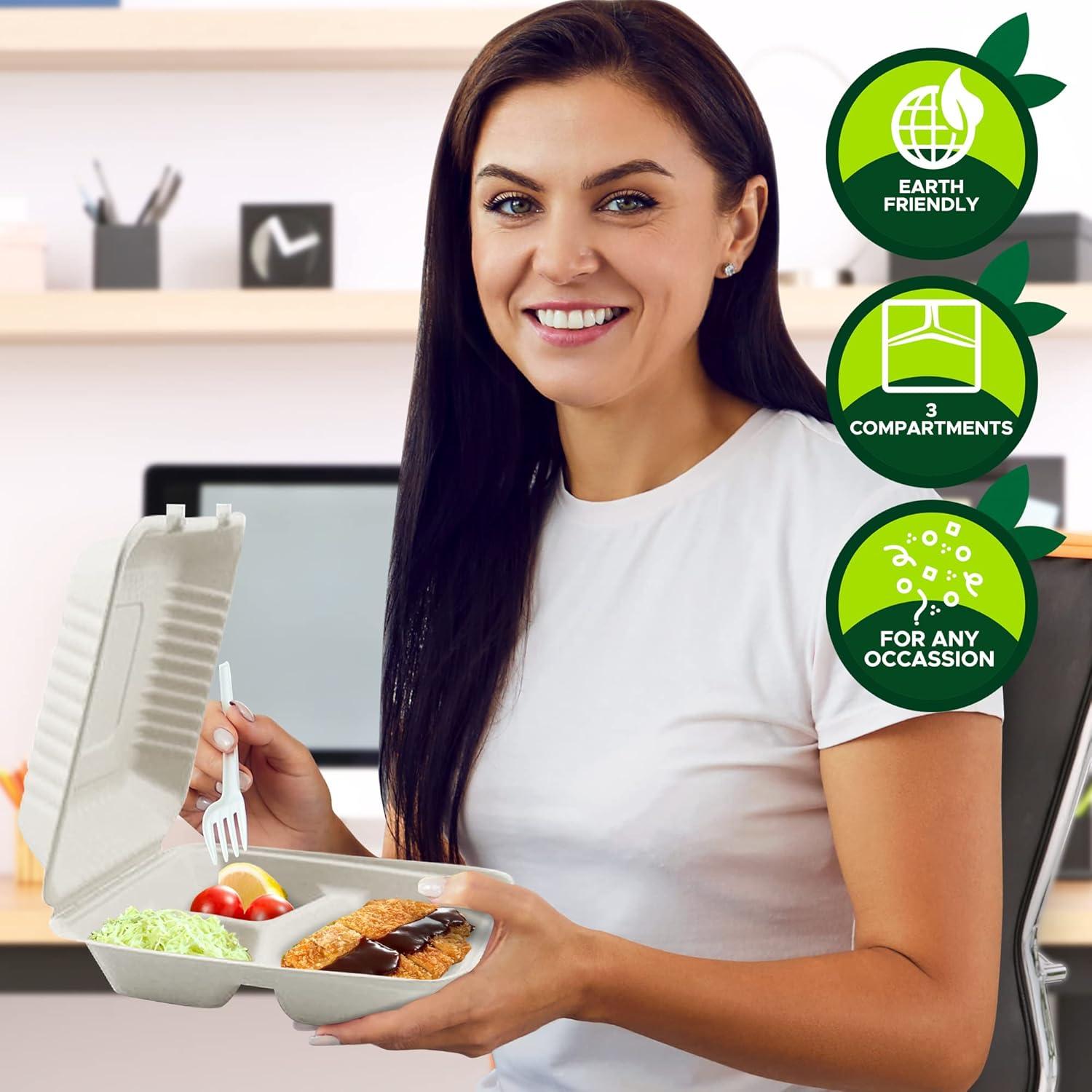 image:imagePAMI Biodegradable to Go Food Containers 8x8 in 50 Pack Compostable Microwavable Clamshell Boxes Made from EcoFriendly Sugarcane