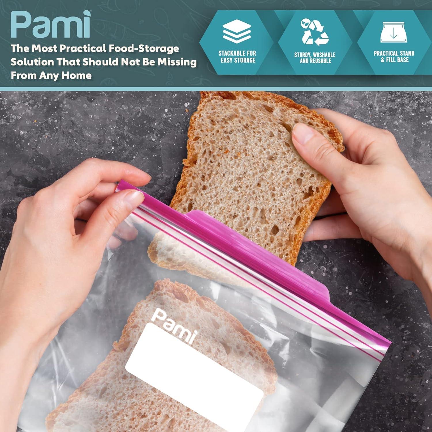 image:imagePAMI Leakproof Reusable Double Zip Sandwich Bags with Expandable Bottom and WriteOn Label Food Storage Zipper Bags Gallon 60 Clear60
