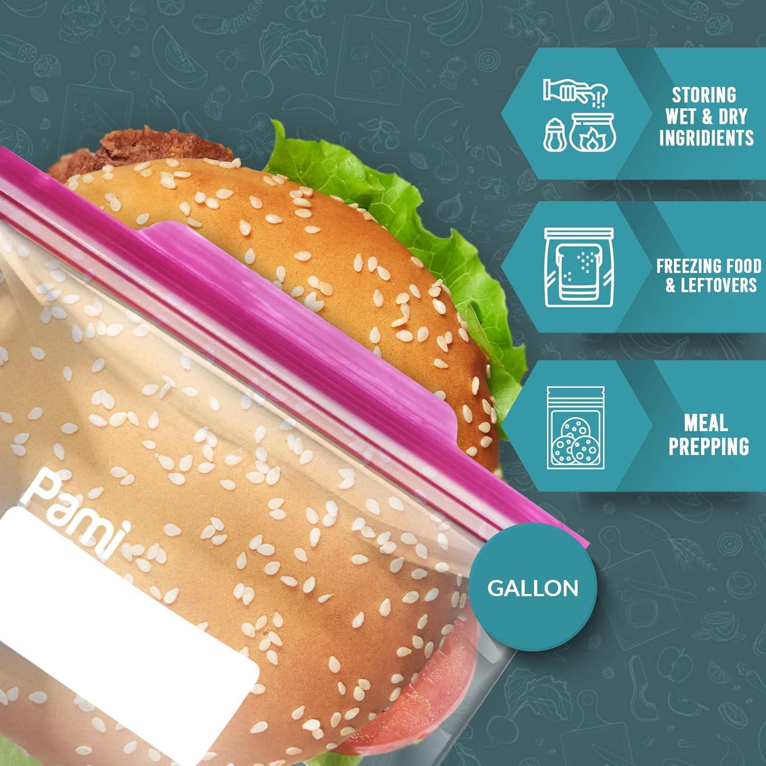 image:imagePAMI Leakproof Reusable Double Zip Sandwich Bags with Expandable Bottom and WriteOn Label Food Storage Zipper Bags Gallon 60 Clear60