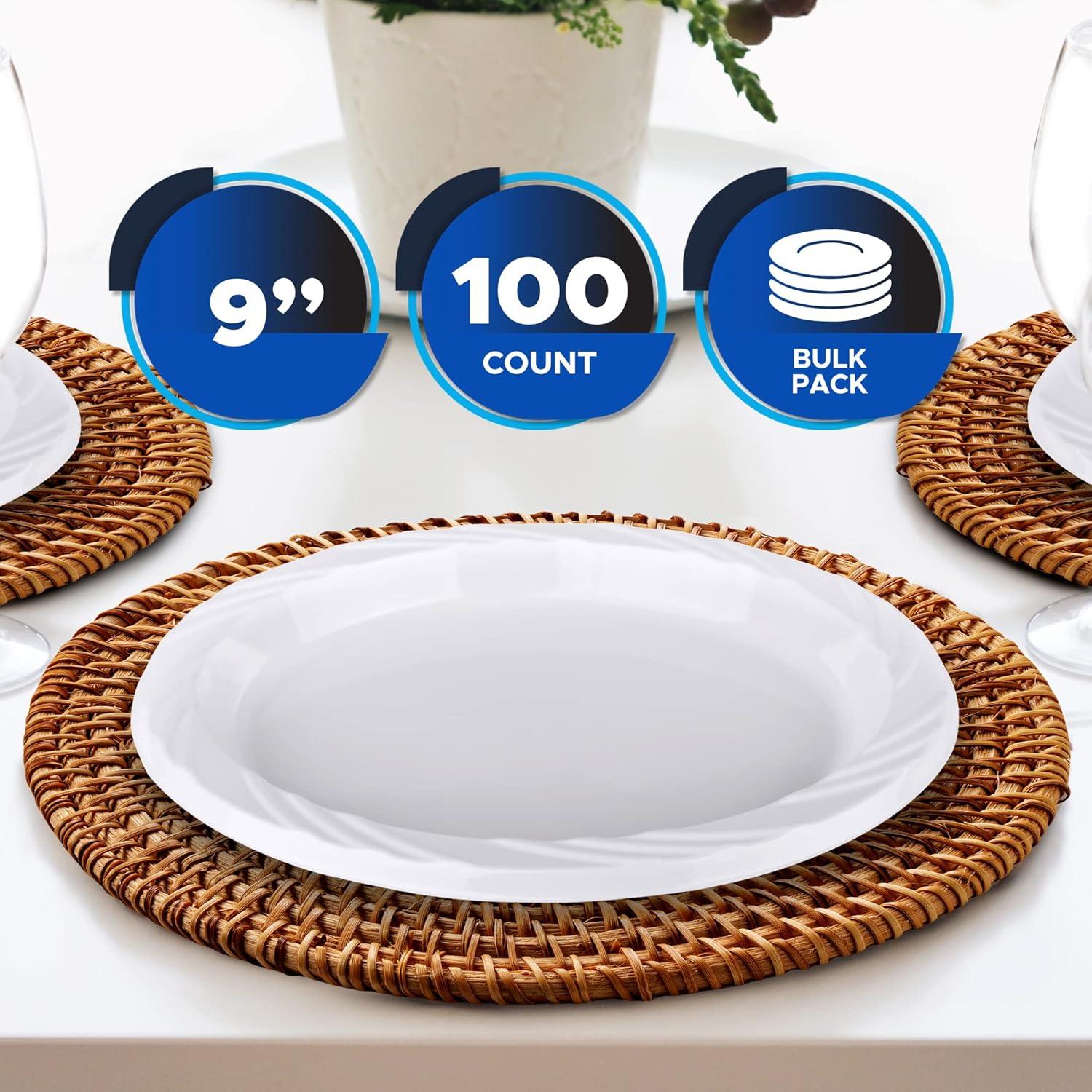 image:imagePAMI Premium Disposable Plastic Pack of 100 9 White Party Plates For Dinner Desserts Appetizers HeavyDuty Microwavable Plates In Bulk For Any Occasion Elegant Plastic Dinnerware Set
