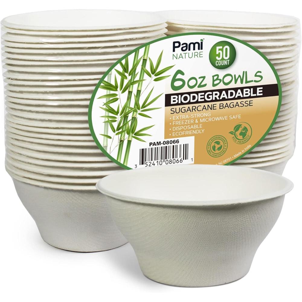 image:imagePAMI 100 Biodegradable Sugarcane Bowls Pack of 50 12 oz Natural Compostable Soup Bowls PlanetFriendly Bagasse Bowls For Hot amp Cold Uses HeavyDuty Disposable Microwavable Paper Serving Bowls6 oz