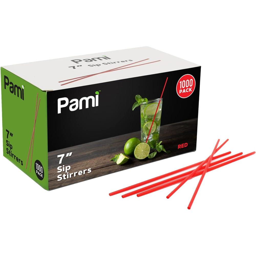 image:imagePAMI 1000 Disposable Plastic Cocktail Straws Stir Sticks Coffee Stirrers for Hot amp Cold Drinks Ideal for Bars and Home Black 7Red