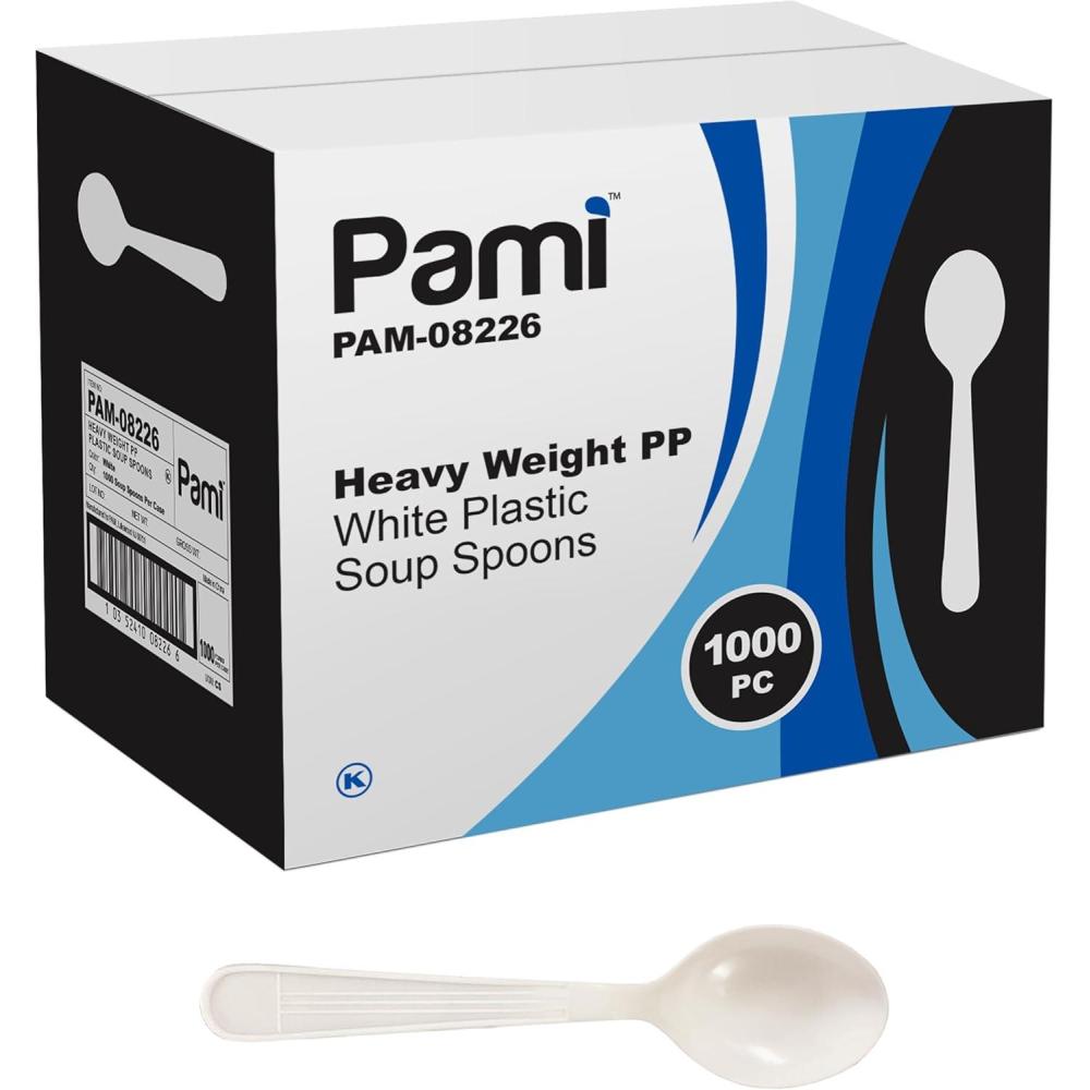 image:imagePAMI 1000Pack Durable Heavy Weight Disposable Plastic Cutlery for Parties Weddings Catering Knives Regular WhiteSoup Spoons