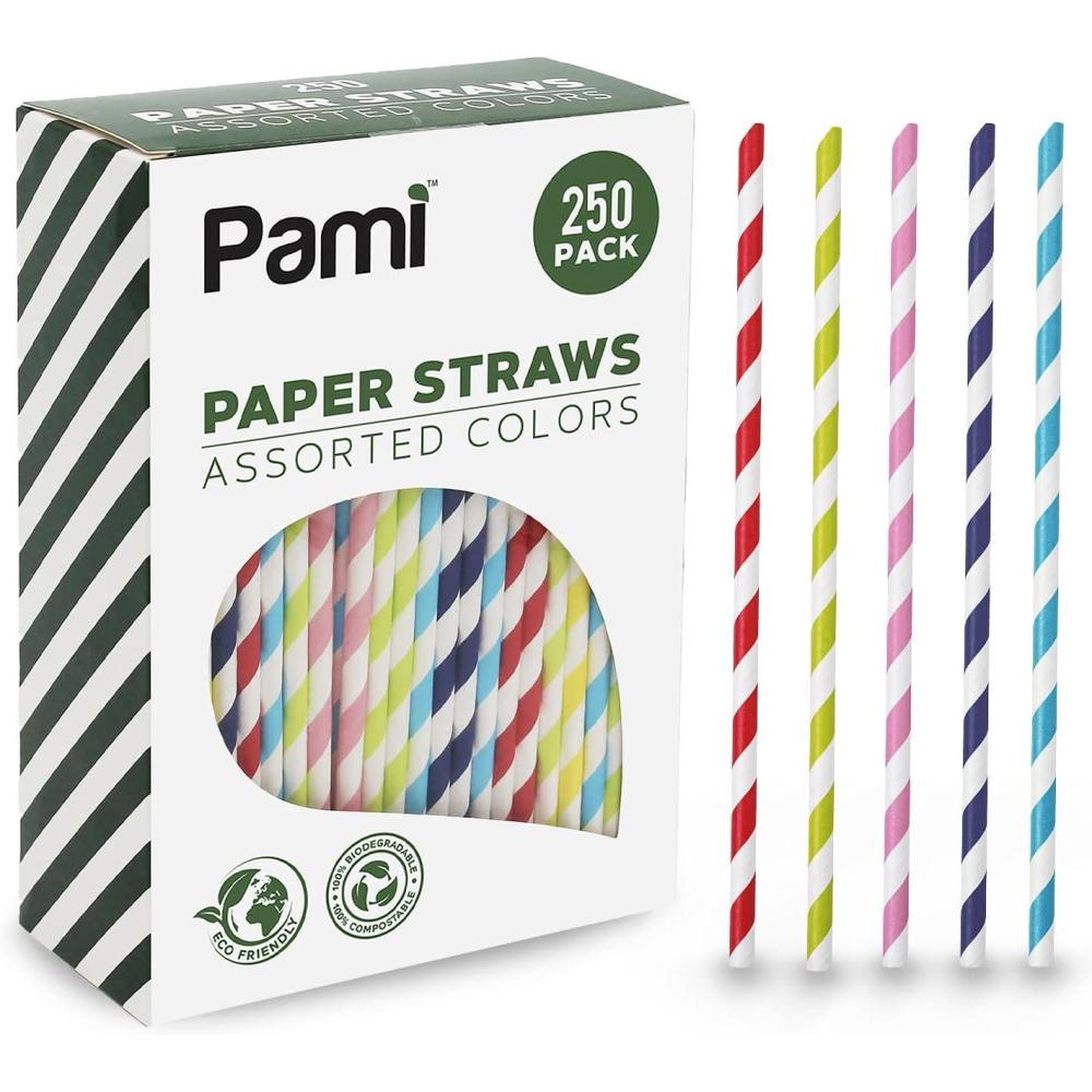 image:imagePAMI 250Pack Compostable Paper Straws for Drinking Assorted Colors Including Pink Pfas Biodegradable Sturdy for Coffee Juice Cocktails Parties