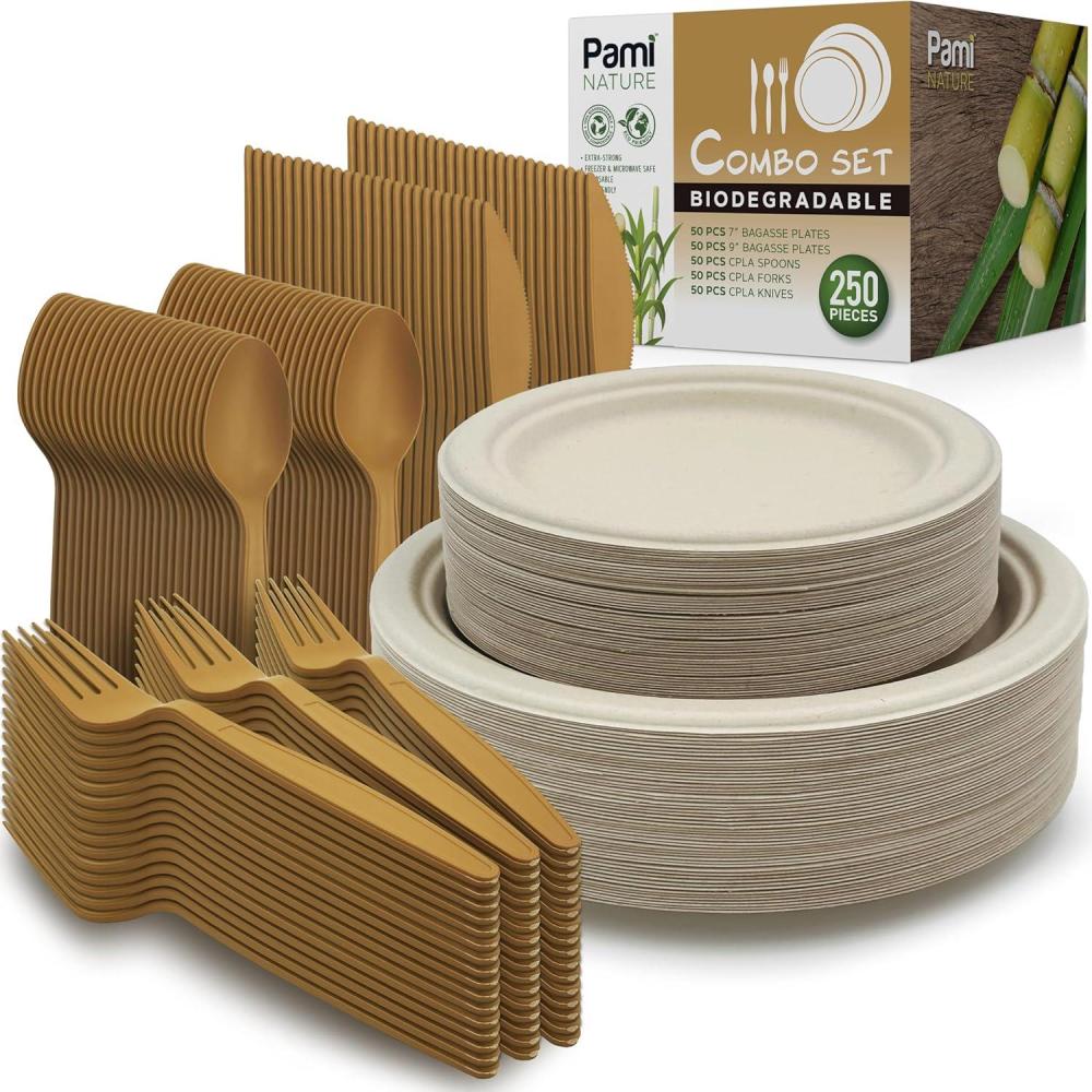 image:imagePAMI 250Piece Compostable Degradable Tableware Eco Set Disposable Sugarcane Plates Cutlery amp Plates HeavyDuty Eco Dinnerware