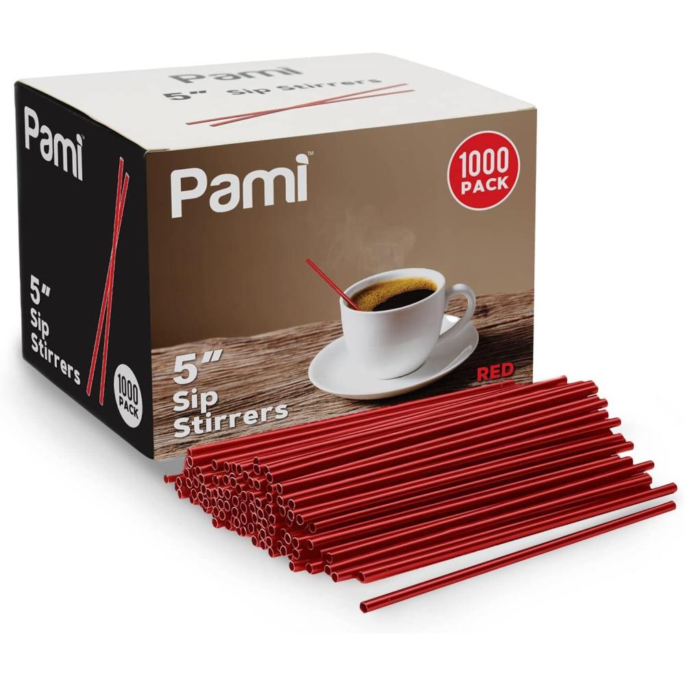 image:imagePAMI Disposable 5in Plastic Sip StirrersStraws Value Pack of 1000 Stirring Sticks for Hot amp Cold Drinks Cocktail amp Coffee Bar Stir Straws Red One SizeRed