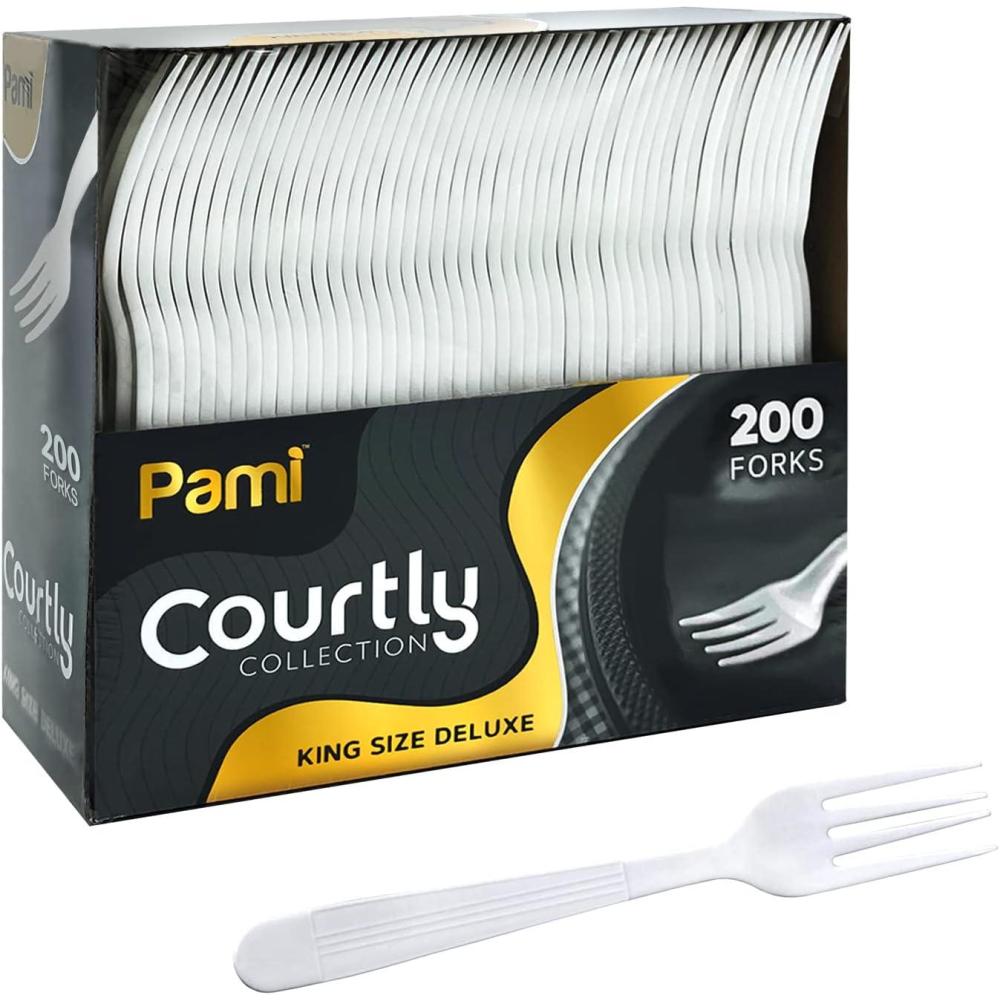 image:imagePAMI Heavy Weight Disposable Plastic Forks 200Pack Bulk King Size Deluxe White Plastic Silverware For Parties Weddings Catering Food Stands Takeaway HeavyDuty SingleUse Partyware ForksForks