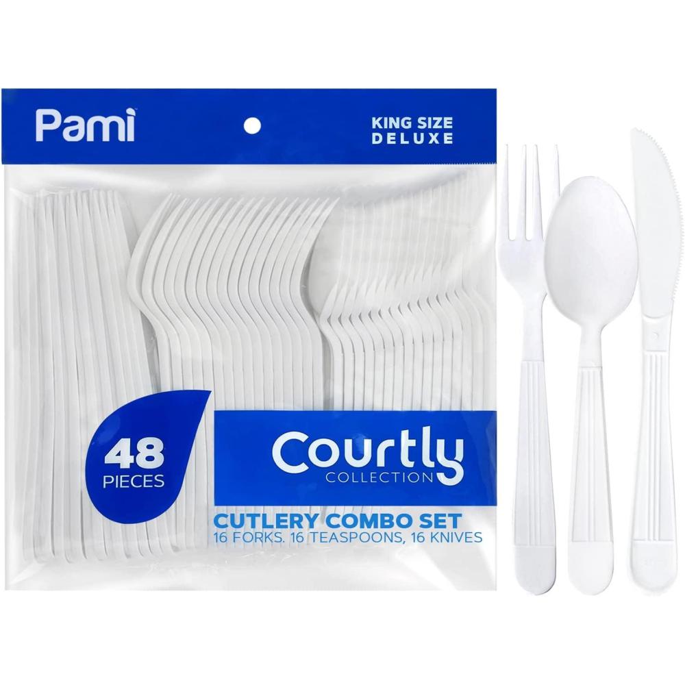 image:imagePAMI HeavyWeight Disposable Plastic Soup Spoons 50Pack Bulk King Size Deluxe White Plastic Silverware For Parties Weddings Caterings Food Stands Takeaway HeavyDuty SingleUse Party SpoonsCombo Set ForksTeaspoonsKnives