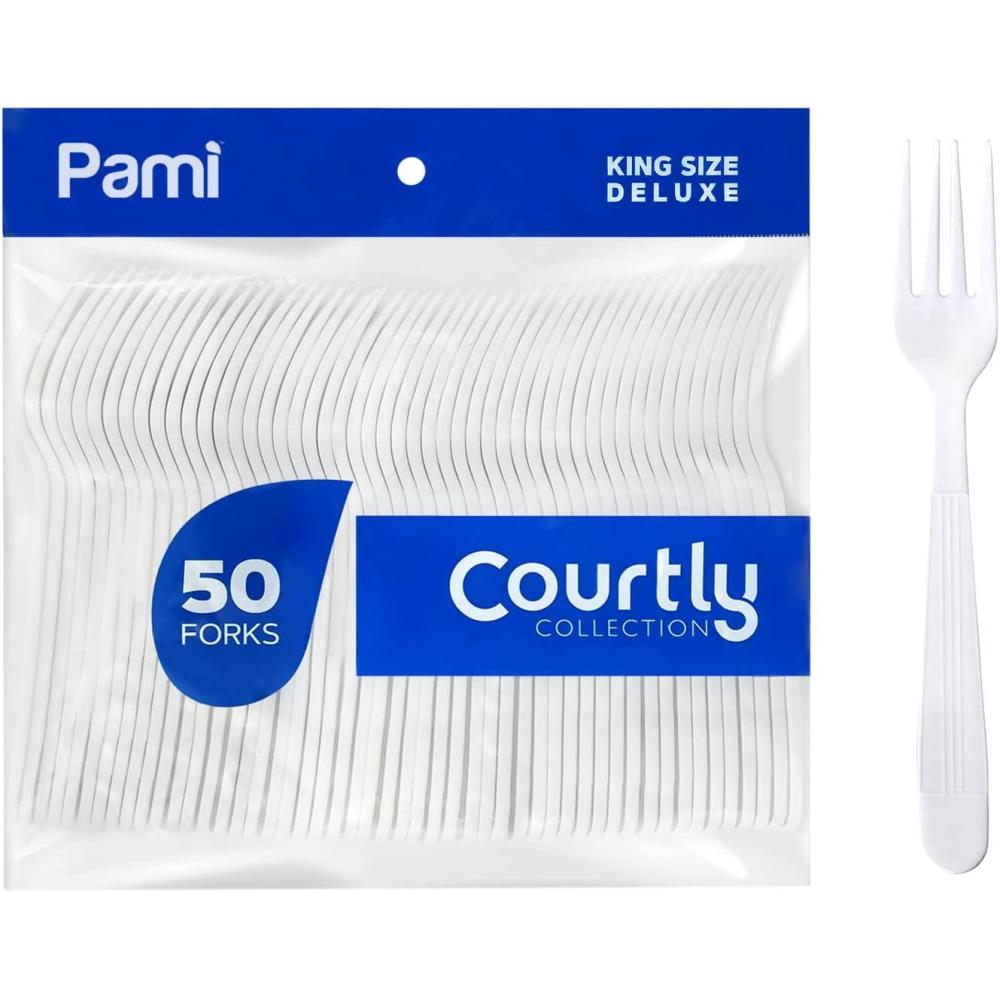 image:imagePAMI HeavyWeight Disposable Plastic Soup Spoons 50Pack  Bulk King Size Deluxe White Plastic Silverware For Parties Weddings Caterings Food Stands Takeaway HeavyDuty SingleUse Party SpoonsForks