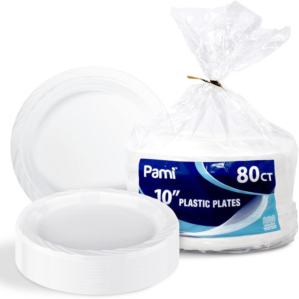 image:imagePAMI Premium Disposable Plastic Plates Pack of 80 10 White Party Plates For Dinner Desserts Appetizers HeavyDuty Microwavable Plates In Bulk For Any Occasion Elegant Plastic Dinnerware Set