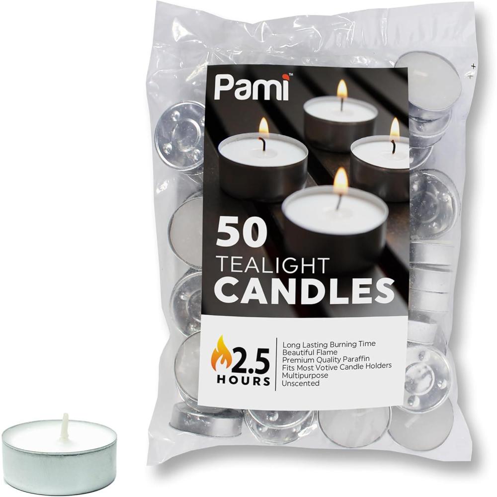 image:imagePAMI Premium LongLasting Tealight Candles 16Piece Bag  with 25 Hours Burning Time Paraffin Tealights with Beautiful Flame Round Candles Perfect for Votive Candle Holders50Piece Bag