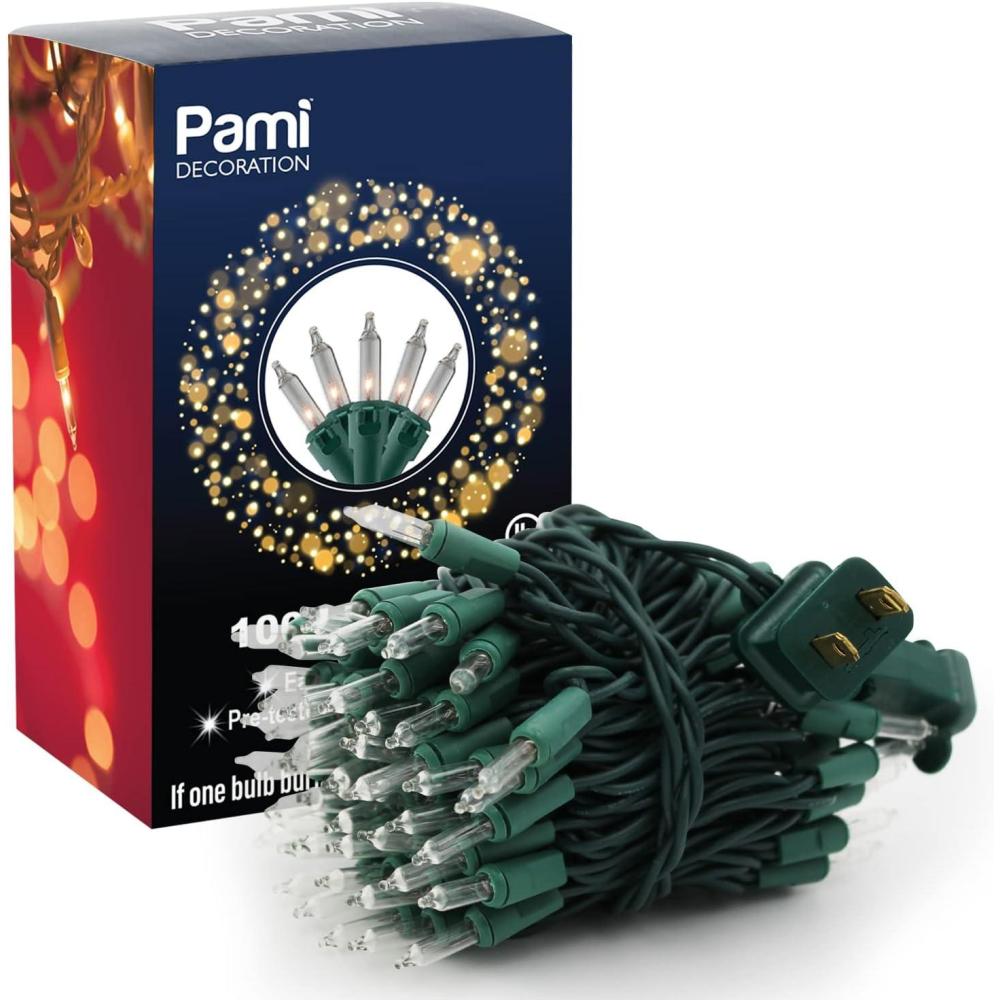 image:imagePAMI White Christmas Tree Lights with Green Wire 100 Light Set Clear Christmas String Lights for Indoors amp Outdoors Plugin Xmas Lights for Holiday Decor Wedding Diwali Halloween Parties