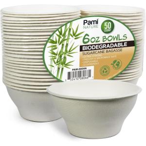 PAMI 100% Biodegradable Sugarcane Bowls [Pack of 50] 12 oz. Natural Compostable Soup Bowls- Planet-Friendly Bagasse Bowls For Hot & Cold Uses- Heavy-Duty Disposable Microwavable Paper Serving Bowls(6 oz.)