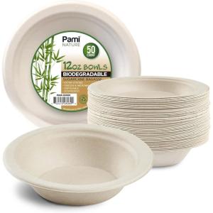PAMI 100% Biodegradable Sugarcane Bowls [Pack of 50] 12 oz. Natural Compostable Soup Bowls- Planet-Friendly Bagasse Bowls For Hot & Cold Uses- Heavy-Duty Disposable Microwavable Paper Serving Bowls(12 oz.)
