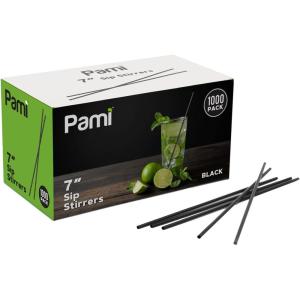 PAMI 1000 Disposable Plastic Cocktail Straws Stir Sticks, Coffee Stirrers for Hot & Cold Drinks, Ideal for Bars and Home (Black 7”)(Black)