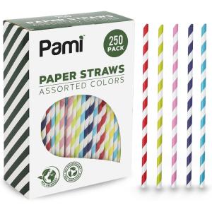 PAMI 250-Pack Compostable Paper Straws for Drinking, Assorted Colors Including Pink, Pfas- Biodegradable Sturdy for Coffee Juice Cocktails Parties