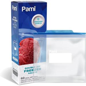 PAMI 60 Ct Reusable Leakproof Gallon Slider Freezer Bags with Expandable Bottom, Double Zipper Closure, Write on Label