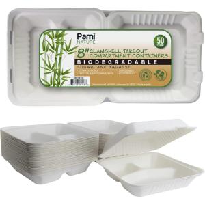 PAMI Biodegradable to Go Food Containers 8×8 in 50 Pack Compostable Microwavable Clamshell Boxes Made from Eco-Friendly Sugarcane