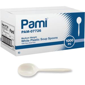 PAMI Bulk Plastic Spoons 1000 Count Disposable Medium Weight Sturdy Cutlery for Parties and Catering (Teaspoons Teaspoons White)(Soup Spoons)