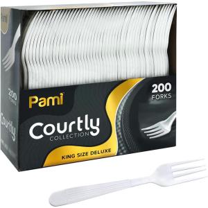 PAMI Heavy Weight Disposable Plastic Forks [200-Pack] – Bulk King Size Deluxe White Plastic Silverware For Parties, Weddings, Catering Food Stands, Takeaway- Heavy-Duty Single-Use Partyware Forks(Forks)