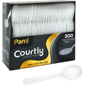 PAMI Heavy Weight Disposable Plastic Forks [200-Pack] – Bulk King Size Deluxe White Plastic Silverware For Parties, Weddings, Catering Food Stands, Takeaway- Heavy-Duty Single-Use Partyware Forks(Soup Spoons)