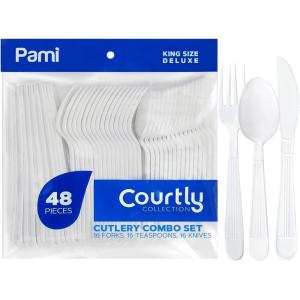 PAMI Heavy-Weight Disposable Plastic Soup Spoons [50-Pack] – Bulk King Size Deluxe White Plastic Silverware For Parties Weddings Caterings Food Stands Takeaway- Heavy-Duty Single-Use Party Spoons(Combo Set – Forks/Teaspoons/Knives)