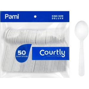 PAMI Heavy-Weight Disposable Plastic Soup Spoons [50-Pack] – Bulk King Size Deluxe White Plastic Silverware For Parties Weddings Caterings Food Stands Takeaway- Heavy-Duty Single-Use Party Spoons(Soup Spoons)