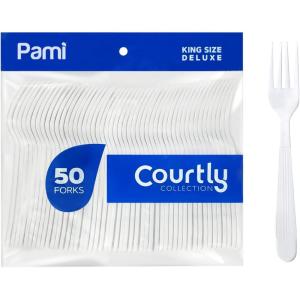 PAMI Heavy-Weight Disposable Plastic Soup Spoons [50-Pack] – Bulk King Size Deluxe White Plastic Silverware For Parties Weddings Caterings Food Stands Takeaway- Heavy-Duty Single-Use Party Spoons(Forks)