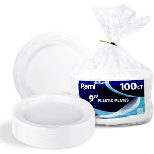 PAMI Premium Disposable Plastic [Pack of 100]- 9” White Party Plates For Dinner Desserts Appetizers- Heavy-Duty Microwavable Plates In Bulk For Any Occasion- Elegant Plastic Dinnerware Set