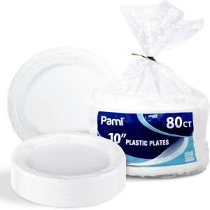 PAMI Premium Disposable Plastic Plates [Pack of 80] – 10” White Party Plates For Dinner Desserts Appetizers- Heavy-Duty Microwavable Plates In Bulk For Any Occasion- Elegant Plastic Dinnerware Set