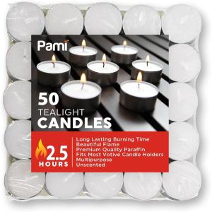 PAMI Premium Long-Lasting Tealight Candles [16-Piece Bag] – with 2.5 Hours Burning Time- Paraffin Tealights with Beautiful Flame- Round Candles Perfect for Votive Candle Holders(50-Piece Box)