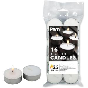 PAMI Premium Long-Lasting Tealight Candles [16-Piece Bag] – with 2.5 Hours Burning Time- Paraffin Tealights with Beautiful Flame- Round Candles Perfect for Votive Candle Holders(16-Piece Bag)