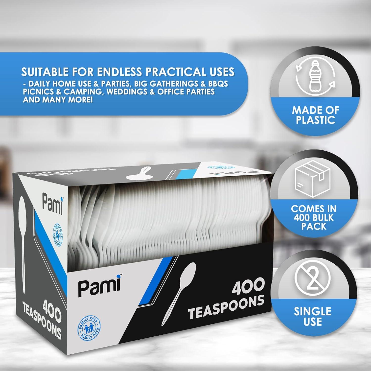 image:imagePAMI MediumWeight Disposable Plastic Forks 400Pack Bulk White Plastic Silverware For Parties Weddings Catering Food Stands Takeaway Orders amp More Sturdy SingleUse Partyware ForksTeaspoons