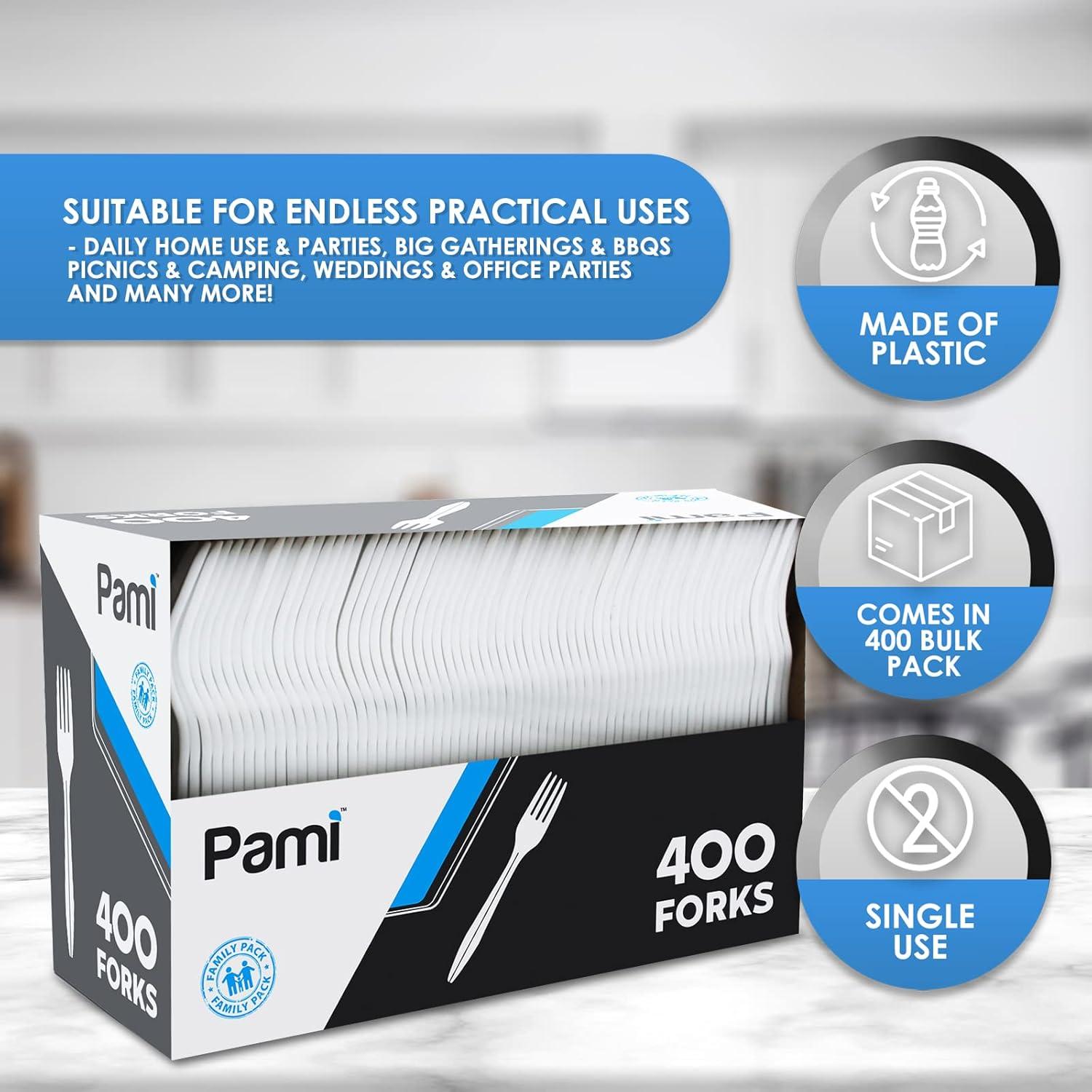 image:imagePAMI MediumWeight Disposable Plastic Forks 400Pack Bulk White Plastic Silverware For Parties Weddings Catering Food Stands Takeaway Orders amp More Sturdy SingleUse Partyware ForksForks