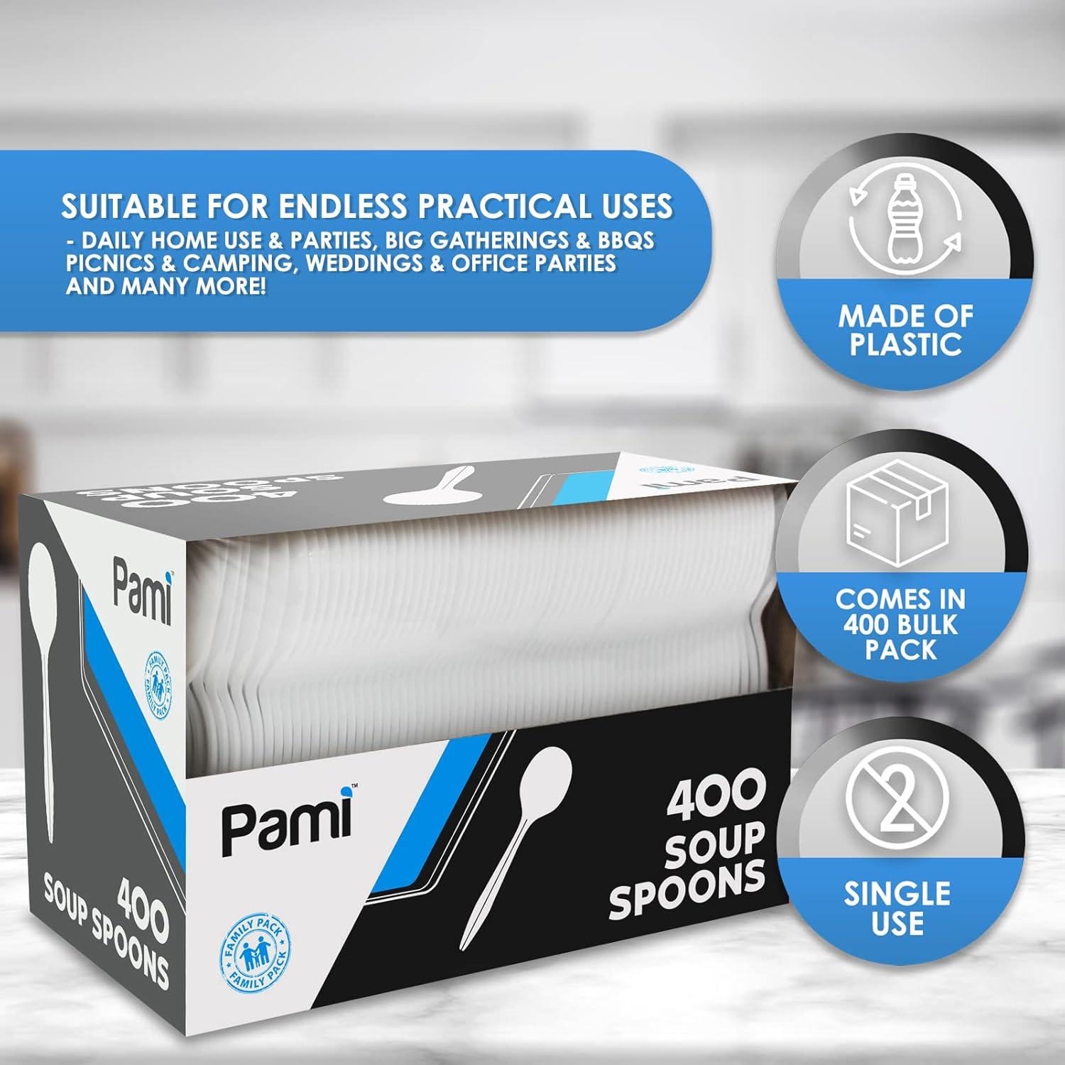 image:imagePAMI MediumWeight Disposable Plastic Forks 400Pack Bulk White Plastic Silverware For Parties Weddings Catering Food Stands Takeaway Orders amp More Sturdy SingleUse Partyware ForksSoup Spoons